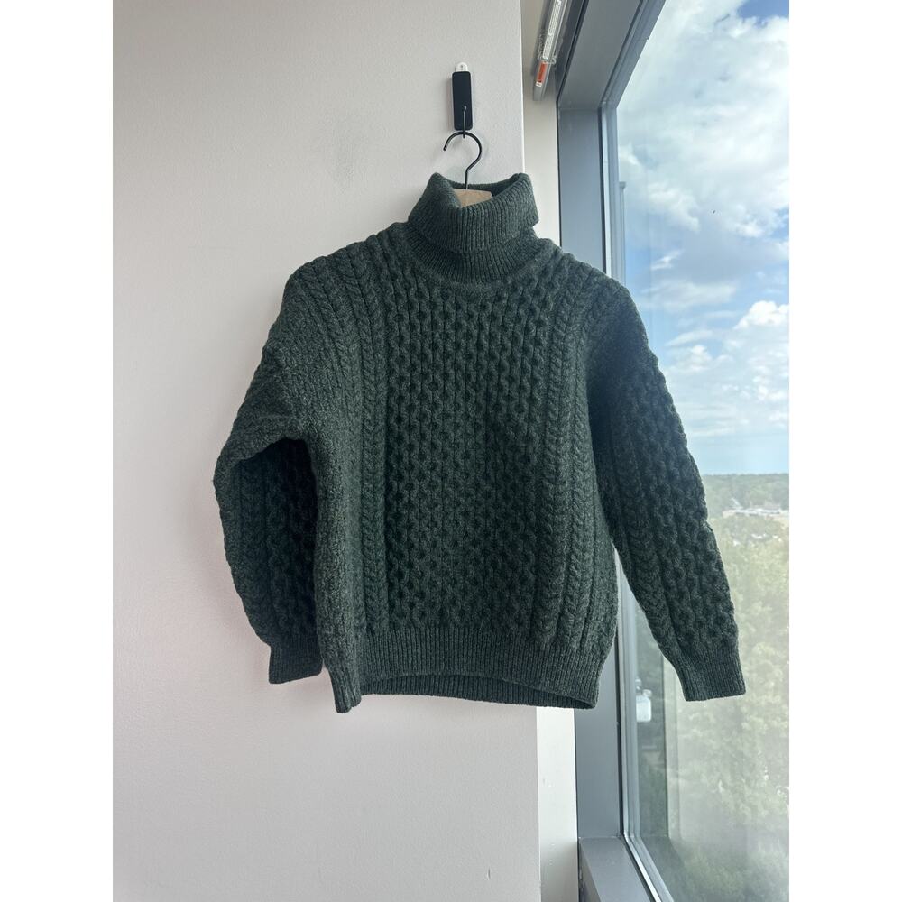 Aran Sweater Market 100% Merino Wool Turtleneck Honeycomb Knit Green Women’s L - Picture 2 of 9